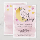 お月様をバックにしたピンクの水彩 ベイビーシャワー 招待状 (正面/裏面)