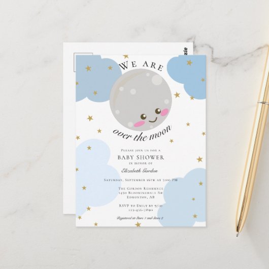 お月様を超えたベイビーシャワー ブルー キュート カワイイ ポストカード (正面/裏面インサイチュ)