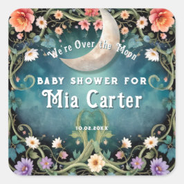 お月様を超えた可愛らしいピンクの花の女の子のベビーシャワー スクエアシール