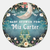 お月様を超えた可愛らしい花のピンクの女の子のベビーシャワー ラウンドシール (正面)