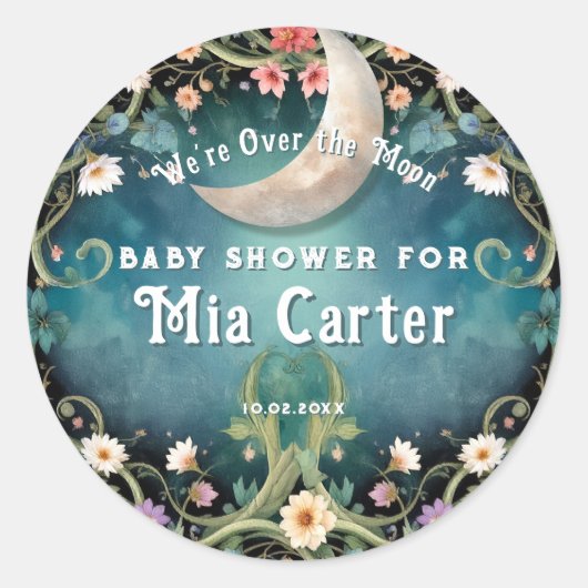 お月様を超えた可愛らしい花のピンクの女の子のベビーシャワー ラウンドシール (正面)