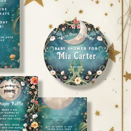 お月様を超えた可愛らしい花のピンクの女の子のベビーシャワー ラウンドシール