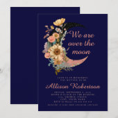 お月様を超えた ブルー 花柄 女の子 ベイビー シャワー 招待状 (正面/裏面)