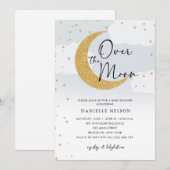 お月様を超えてゴールドスターベイビーシャワーブルー 招待状 (正面/裏面)