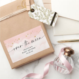 お月様を超えてピンクの女の子ベビーシャワー 長方形シール