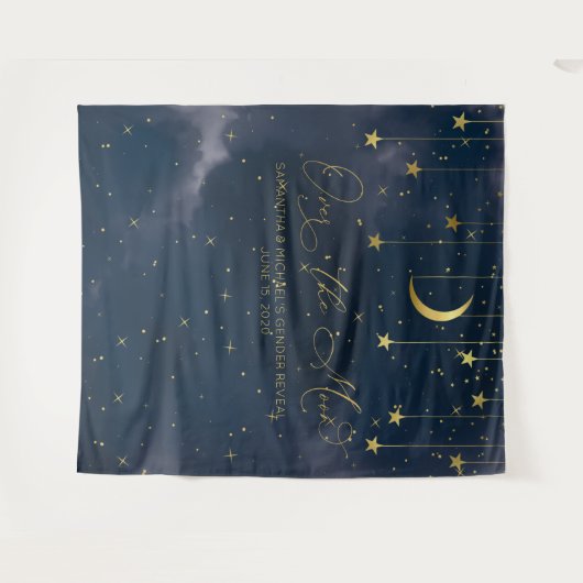 お月様を超えて背景、ベビーシャワー背景、ネイビー タペストリー (正面(横))