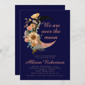 お月様を超えて青い花の女の子ベイビーシャワー 招待状 (正面/裏面)