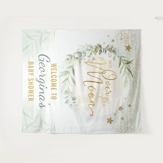 お月様ベイビーシャワーのグリーンとゴールドのウェルカム タペストリー (正面(横))