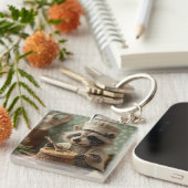 お椀魅力的をかき混ぜるかわいいラクーンのシェフ キーホルダー (正面右)