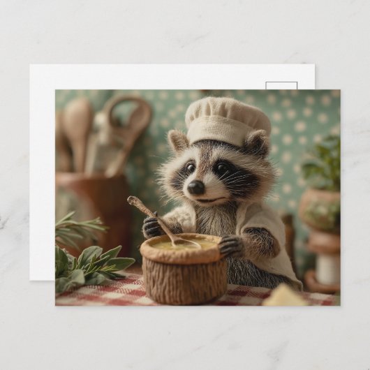 お椀魅力的をかき混ぜるかわいいラクーンのシェフ シーズンポストカード (正面/裏面)