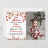 お楽しみ！クリスマスの花を飾った誕生日パーティーの写真 招待状 (正面)