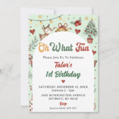 お楽しみ！ クリスマスツリーのトナカイ 1歳の誕生日 招待状 (正面)