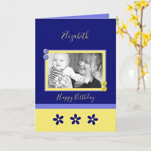 お楽しむ昼の青と黄色の写真の誕生日 カード (黄色い花)