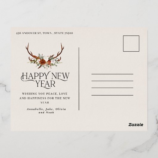 お正月の予算 植物学的な エレガントで伝統的な 箔シーズンポストカード (裏面)