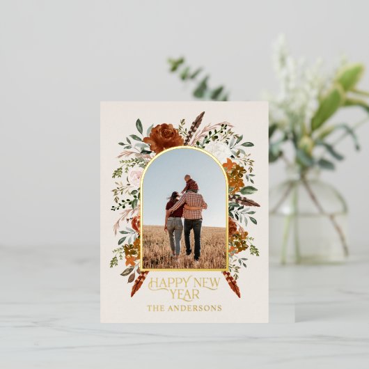 お正月の予算 植物学的な エレガントで伝統的な 箔シーズンポストカード (立ち正面)