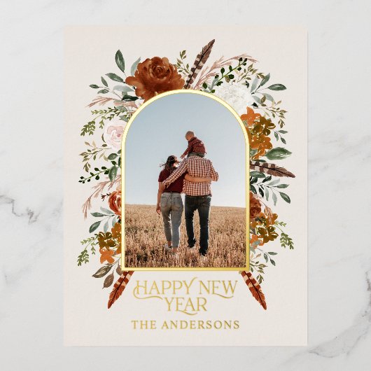 お正月の予算 植物学的な エレガントで伝統的な 箔シーズンポストカード (正面)