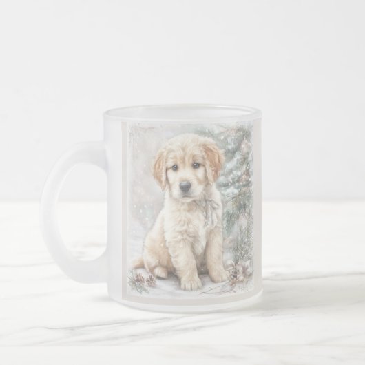 お正月の犬と雪 フロストグラスマグカップ (左)