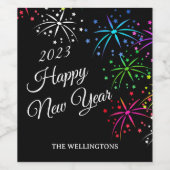 お正月パーティー カラフルな花火 黒 ワインラベル (シングルラベル)