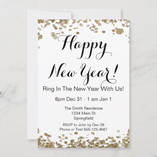 お正月 エレガント ゴールドとホワイトのコンフェッティ 招待状 (正面)
