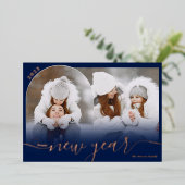 お正月 ネイビー 2 フォト アーチ オーバーレイ コラージュ 箔シーズンカード (立ち正面)