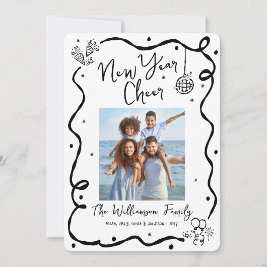 お正月 白黒 手描き 落書き 新年の挨 シーズンカード (正面)