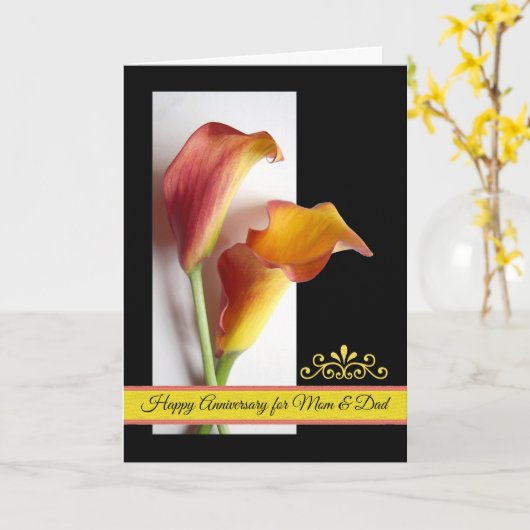 お母さんおよびパパの組のための記念日のオランダカイウユリ カード (黄色い花)