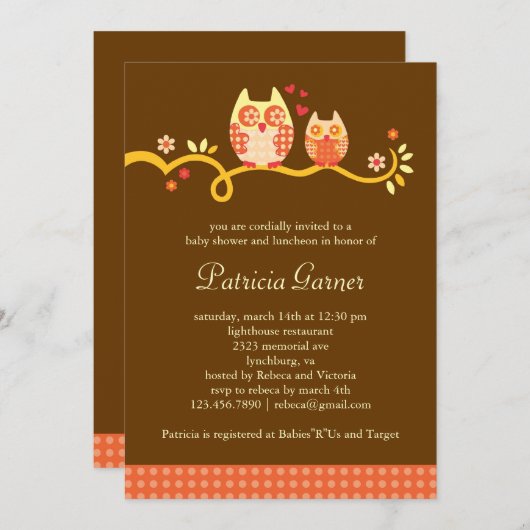 お母さんおよびベビーのフクロウのユニセックスなベビーシャワーの招待状 招待状 (正面/裏面)