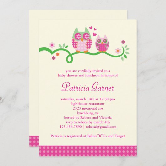 お母さんおよびベビーのフクロウの女の赤ちゃんのシャワーの招待状 招待状 (正面/裏面)