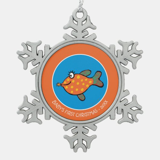お母さんおよびベビーの魚のキス スノーフレークピューターオーナメント (正面)