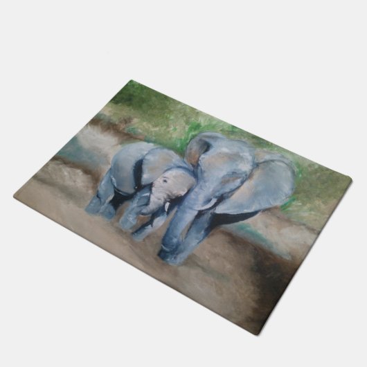 お母さんおよびベビー象の油絵のドア・マット ドアマット (アングル)