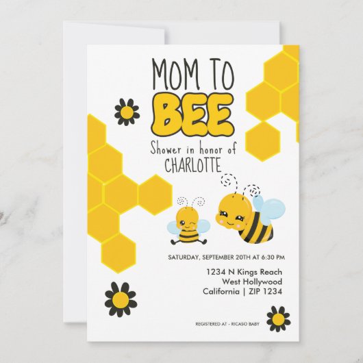 お母さんがビーをテーマにした赤ちゃんシャワー 招待状 (正面)