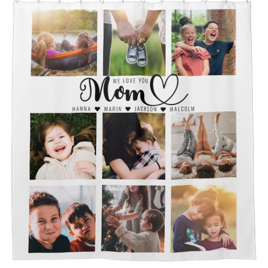 お母さんが好きで子どもの名前が写真コラージュ シャワーカーテン (正面)