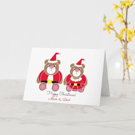 お母さんとお父さんのテディベア クリスマス カード (黄色い花)