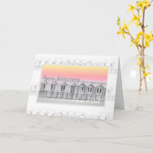 お母さんとお父さんの結婚記念日のサンセットビーチハウス カード (黄色い花)