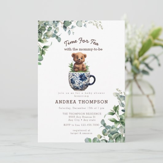 お母さんとお茶 |ベビーサファリ動物の赤ちゃんシャワー 招待状 (スタンド正面)