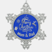 お母さんとパパメリークリスマスシルバーオンブルー | スノーフレークピューターオーナメント (正面)