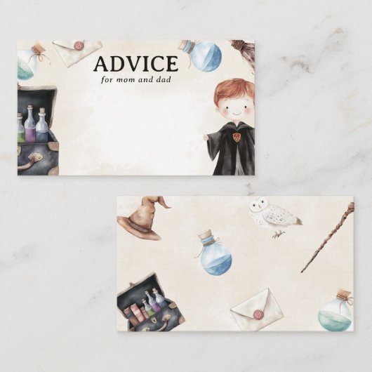 お母さんのためのウィザードアドバイスとパパベビーシャワー エンクロージャーカード (正面/裏面)