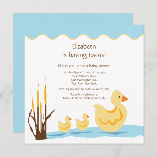 お母さんのアヒル及びベビーのアヒルの双生児のベビーシャワー 招待状 (正面/裏面)