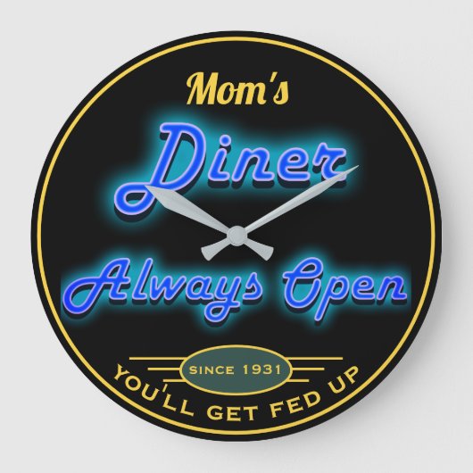 お母さんのダイナーか名前の常に開いたネオン一見- ラージ壁時計 (正面)