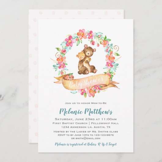 お母さんのベビーくまの水彩画の花のリースのベビーシャワー 招待状 (正面/裏面)