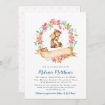 お母さんのベビーくまの水彩画の花のリースのベビーシャワー