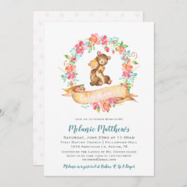 お母さんのベビーくまの水彩画の花のリースのベビーシャワー 招待状