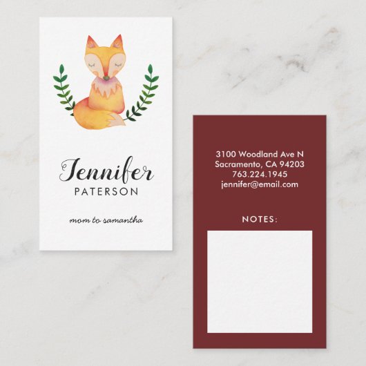 お母さんの接触カード森林キツネの水彩画 名刺 (正面/裏面)