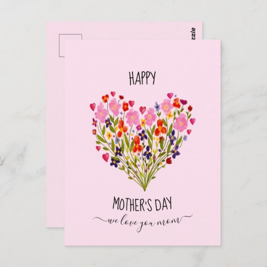 お母さんの日おめでとう】水彩花ハート ポストカード (正面/裏面)