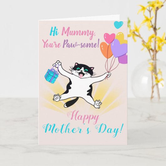 お母さんの日にかわいい子猫カラフル風船 カード (黄色い花)