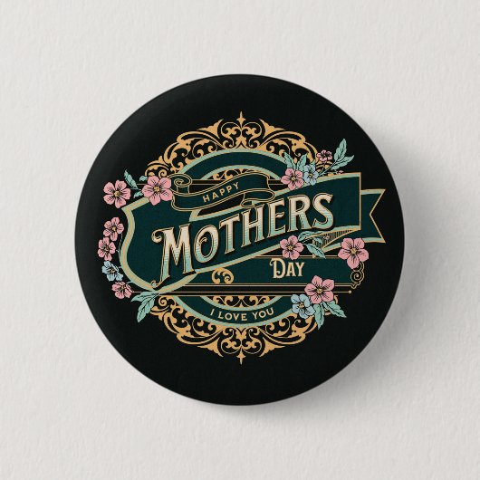 お母さんの日黒と金ゴールドフローラの花 缶バッジ (正面)
