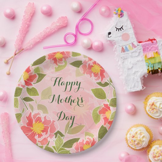 お母さんの日、ピンクのフローラデザイン ペーパープレート