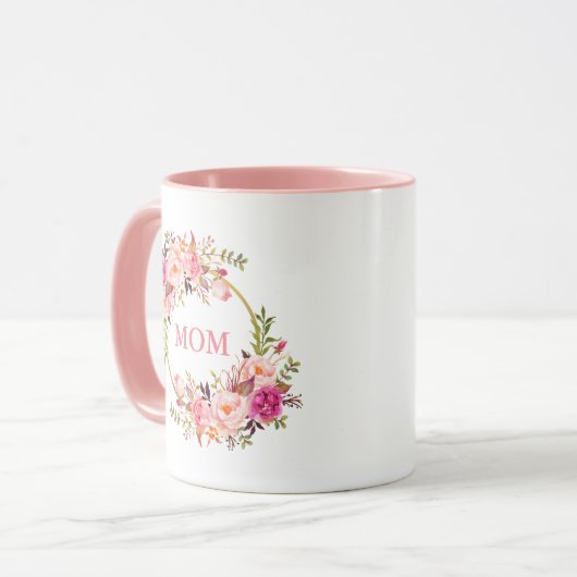 お母さんの水彩画の花のピンクの金ゴールド マグカップ (正面左)