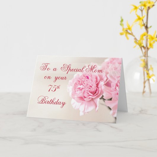 お母さんの第75誕生日、ピンクのカーネーション カード (黄色い花)