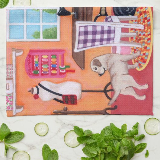 お母さんの裁縫部屋の絵画のラブラドール キッチンタオル (折り畳み)